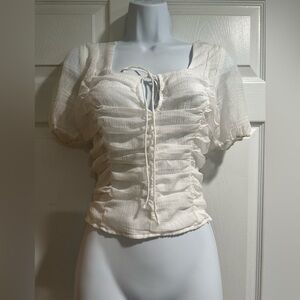 Mi Ami Cream Ruched Tie Front Short Sleeve Sheer Peasant Cottagecore Blouse Top